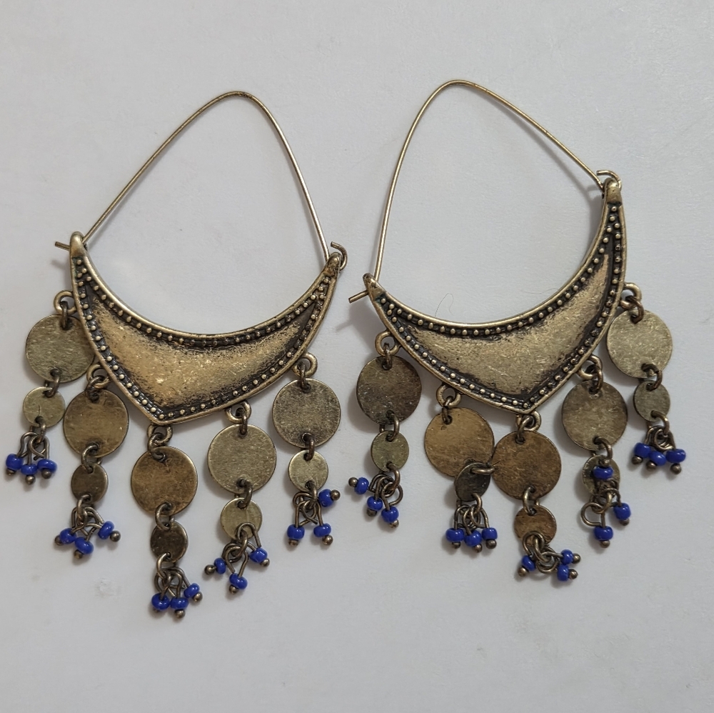 Free People Western Boho Crescent Moon Brass Coin+Blue Beads Dangle Earrings